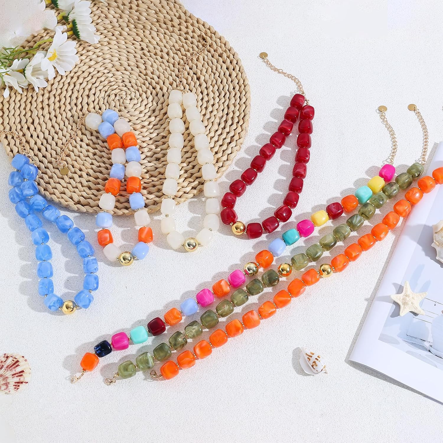 Chunky Beaded Necklace for Women Colorful Boho Large Square Resin Beaded Modern