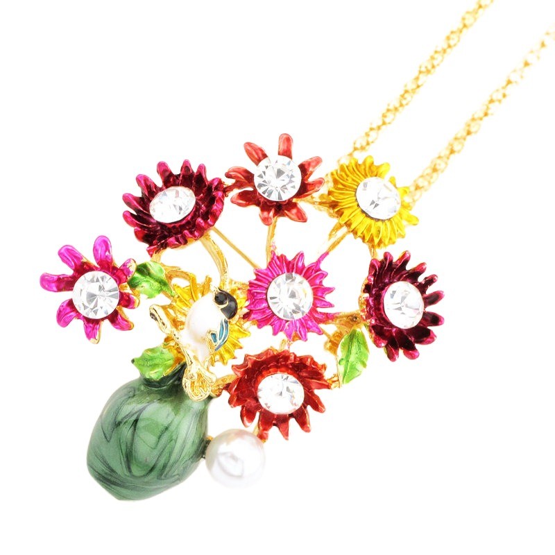 New Fashion Multicolour Enamel Cute Flower Vase Crystal Pendant Women Necklace