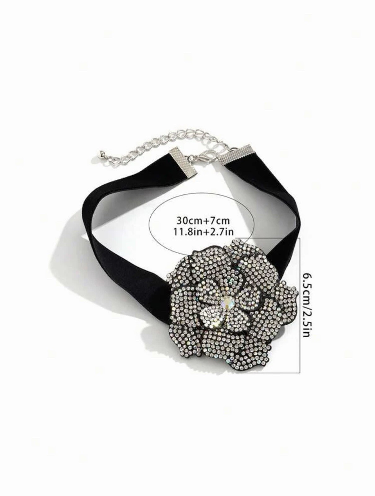 Black Velvet Choker Necklace with Flower Rhinestone Pendant, 12-18in, 6.5cm