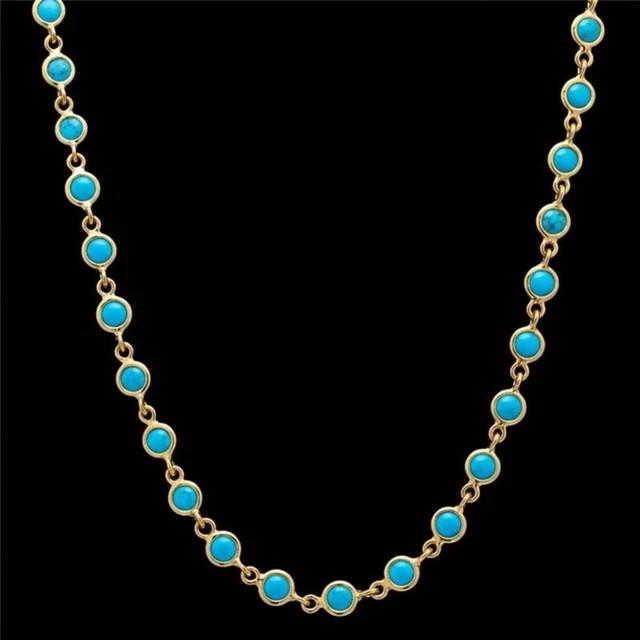 14K Yellow Gold Plated Round Sleeping Beauty Turquoise Station Necklace Lobster