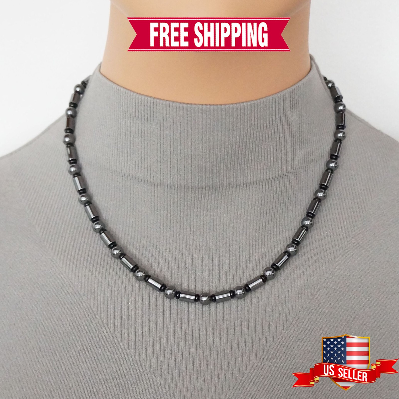 Unisex Grey Hematite Tube and Black Glass Beaded Necklace, 18 inch