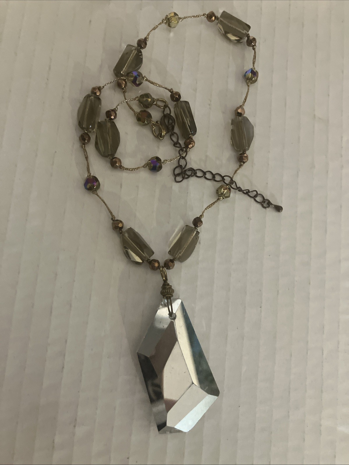 Asymmetrical Sparkling Smokey Crystal Pendant 17”-20” Crystal Bead Necklace VTG