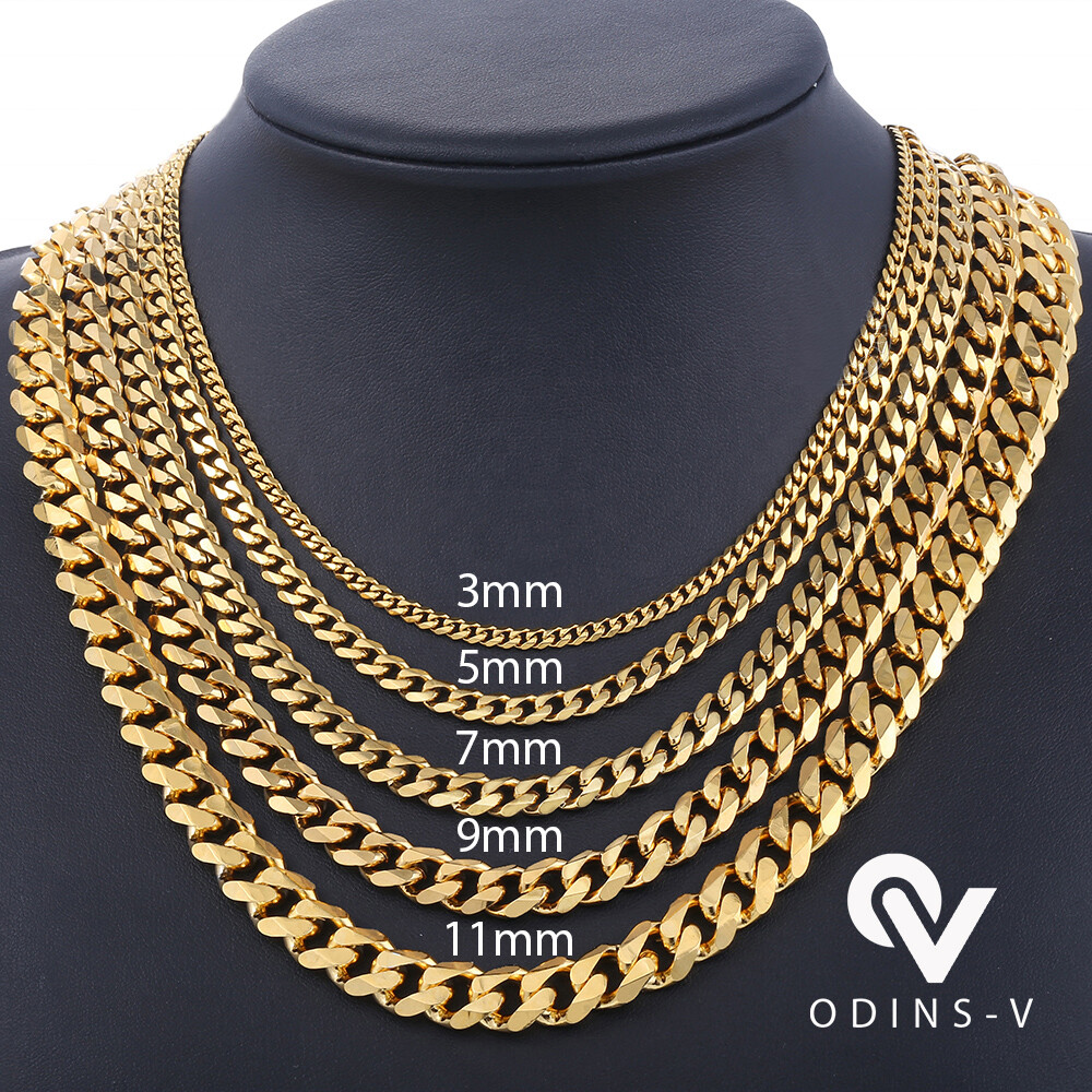 Mens Womens Chain Silver Gold Black Cuban Link Necklace 3mm 5mm 7mm 9mm 11mm 15m
