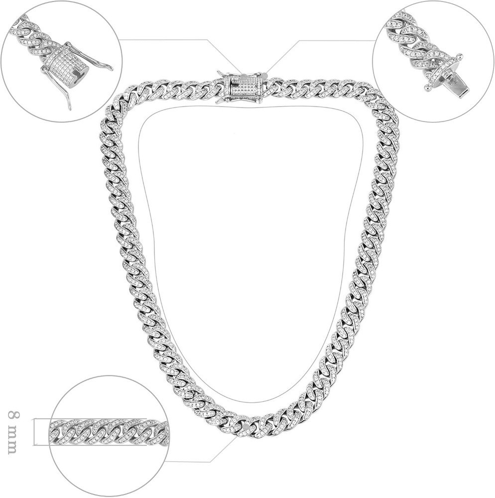 13mm White Gold Plate Stainless Steel Miami Cuban Link Chain CZ NecklaceBracelet