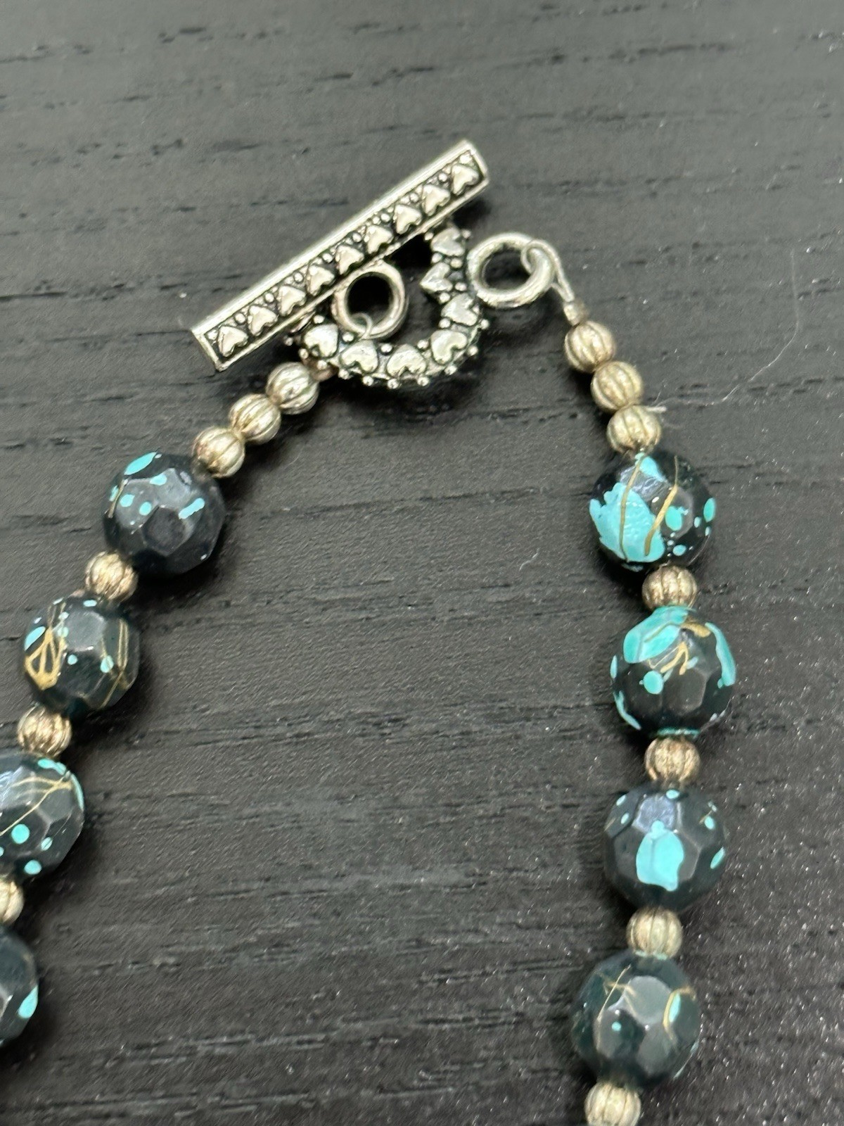 Black & Blue Beaded Necklace Cross Charm Pendant Toggle Clasp 19-24 in