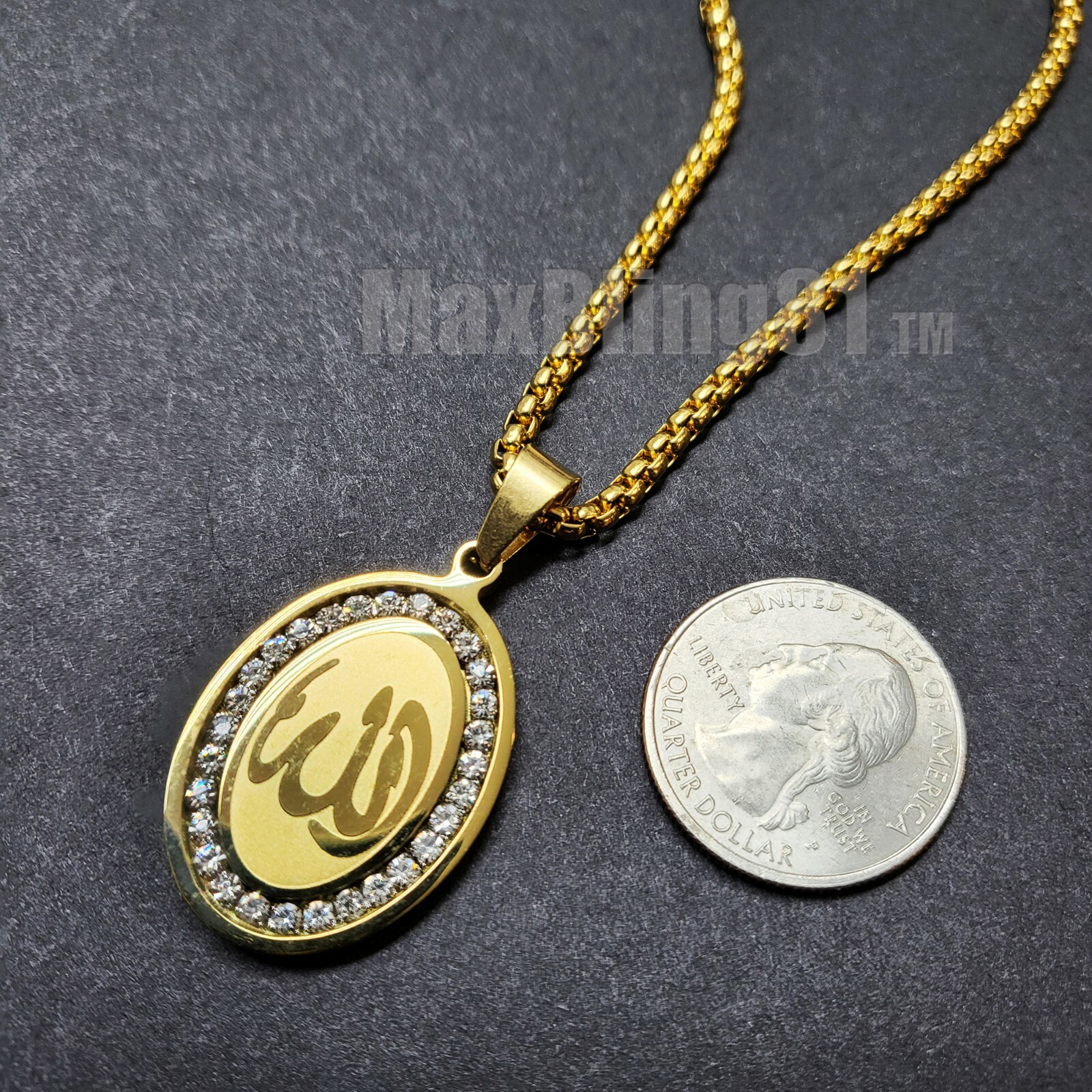 Stainless Steel Oval Allah muslim CZ Pendant & 4mm 24″ Round Box Chain Necklace