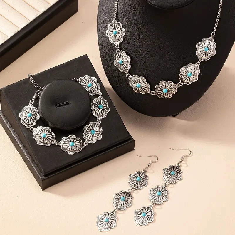 Boho 925 Sterling Silver Gypsy Tibetan Turquoise Earrings Bracelet Necklace Set