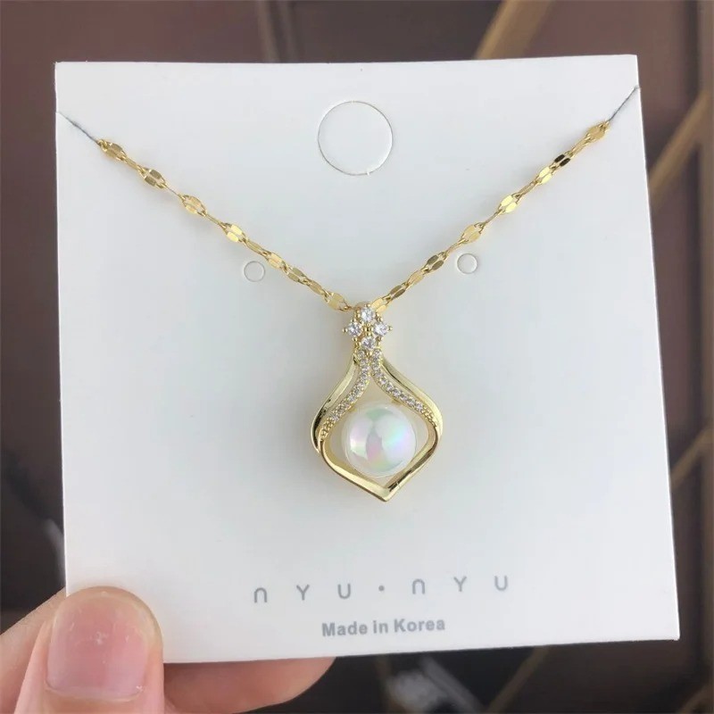 Womens Elegant Necklace CZ Pendant 18K Gold Plated Stainless Steel Chain Jewelry