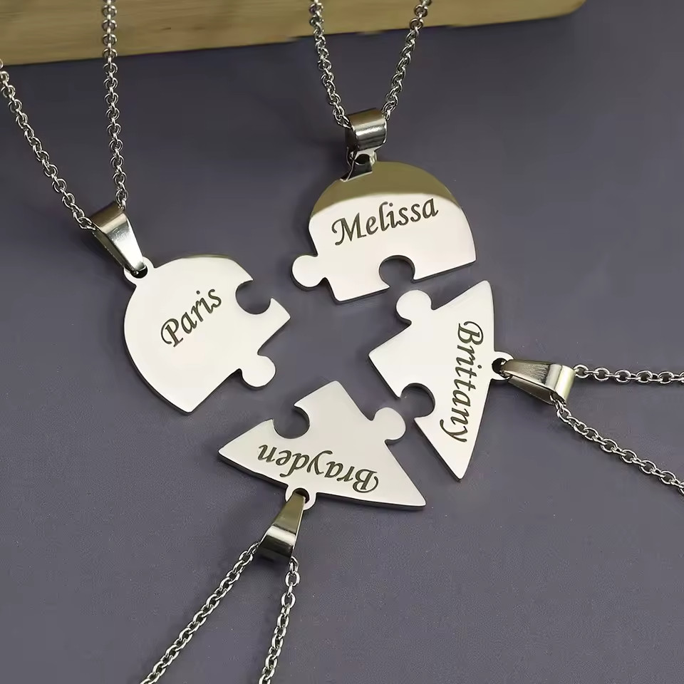 Personalized Puzzle Heart Necklace Custom Engraved BFF Family Birthday Gift Set