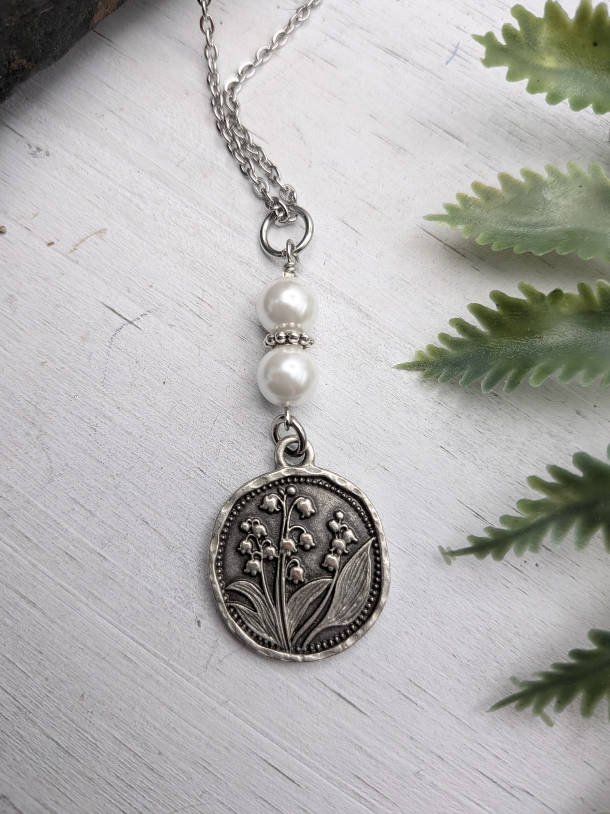 Silver Lily Of The Valley Pendant Necklace With White Pearls / Flowers Gift