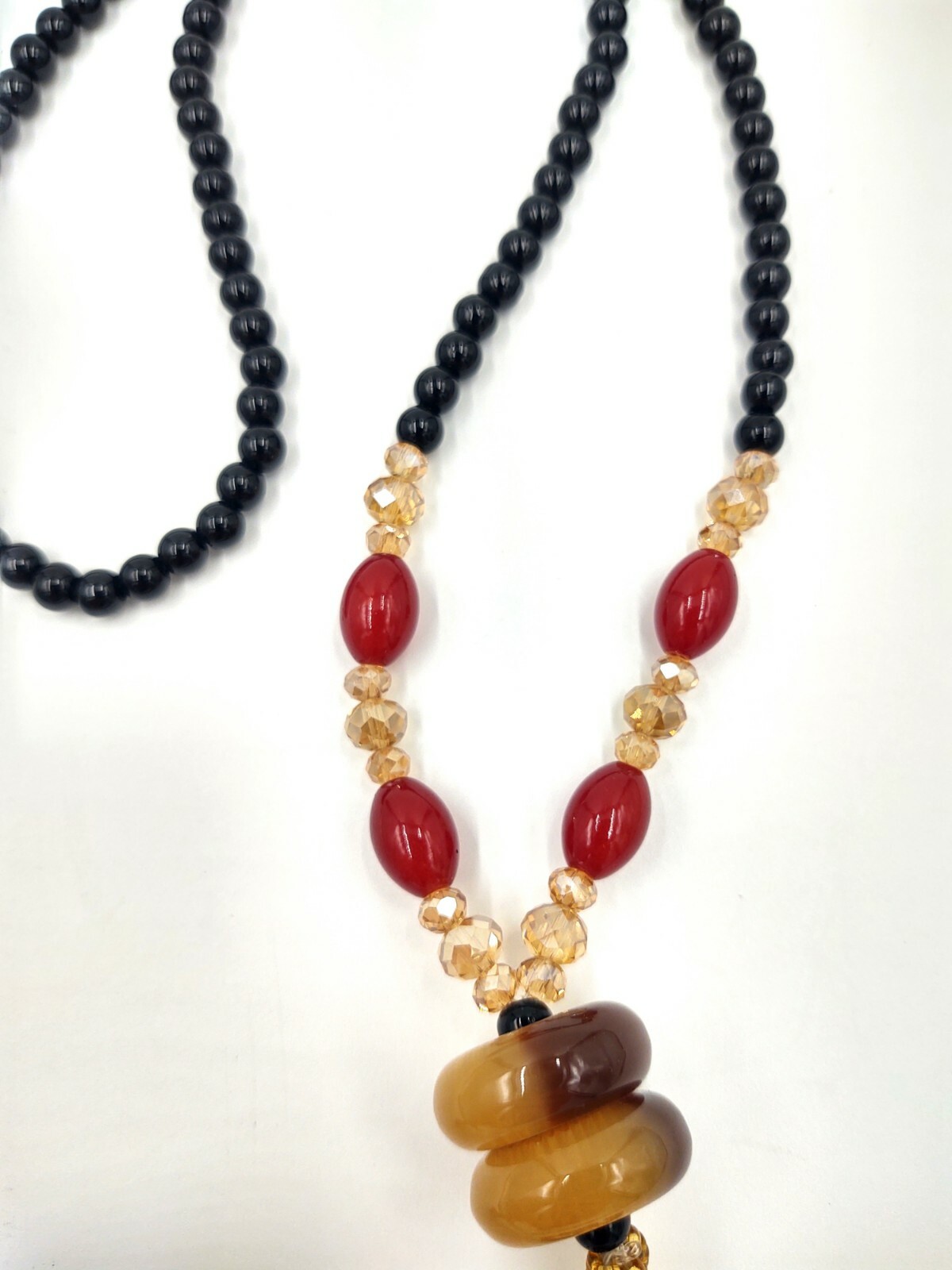 Glass Bead Crystal Stone Tassel Necklace Red Black 17.5″