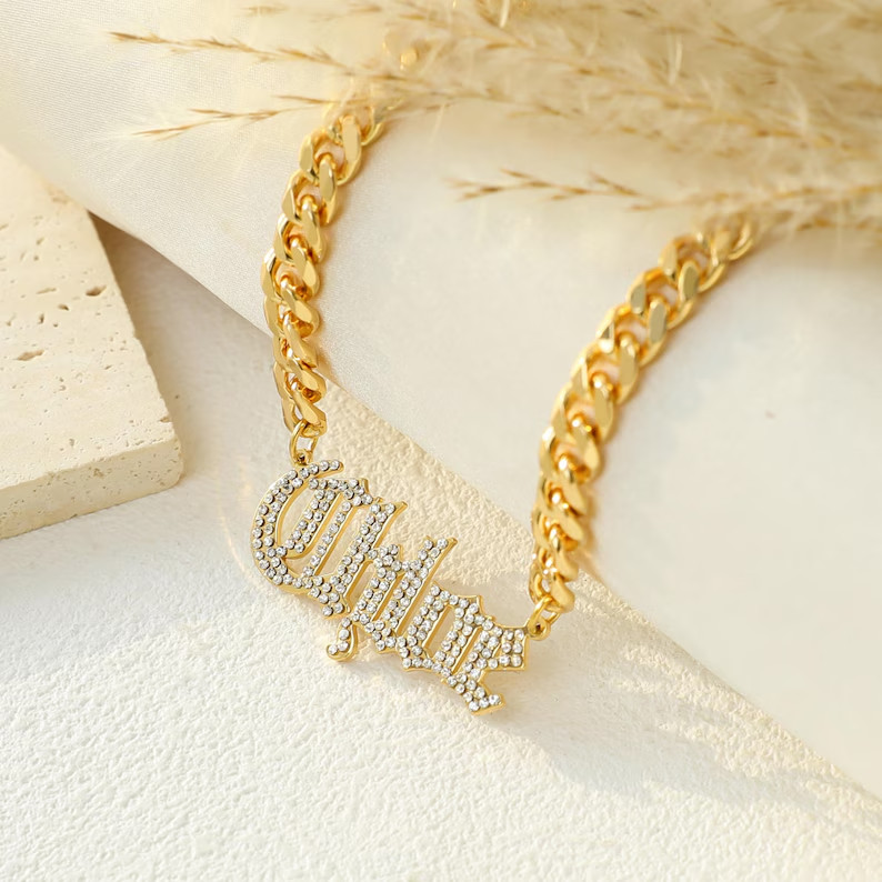 14K Yellow Gold Plated Personalized Name Pendant 4 Ct Round Simulated Diamond