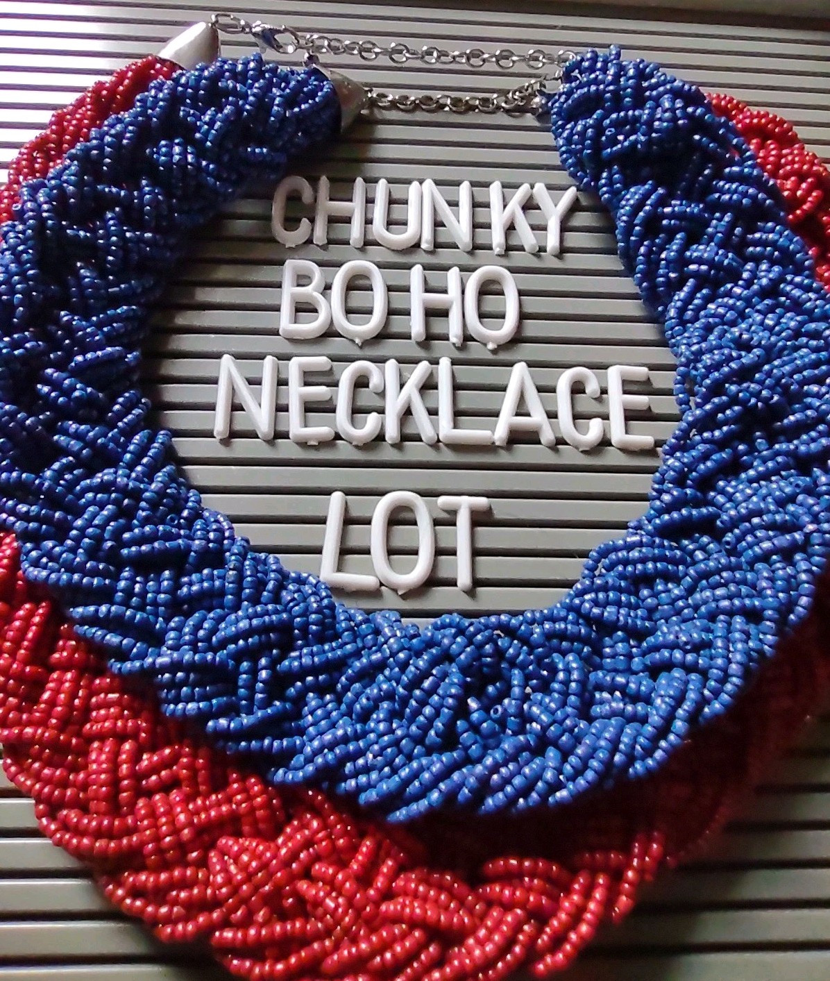 Statement Boho Glass Seed Bead Necklace Jewelry Lot Red Blue Chunky Braided