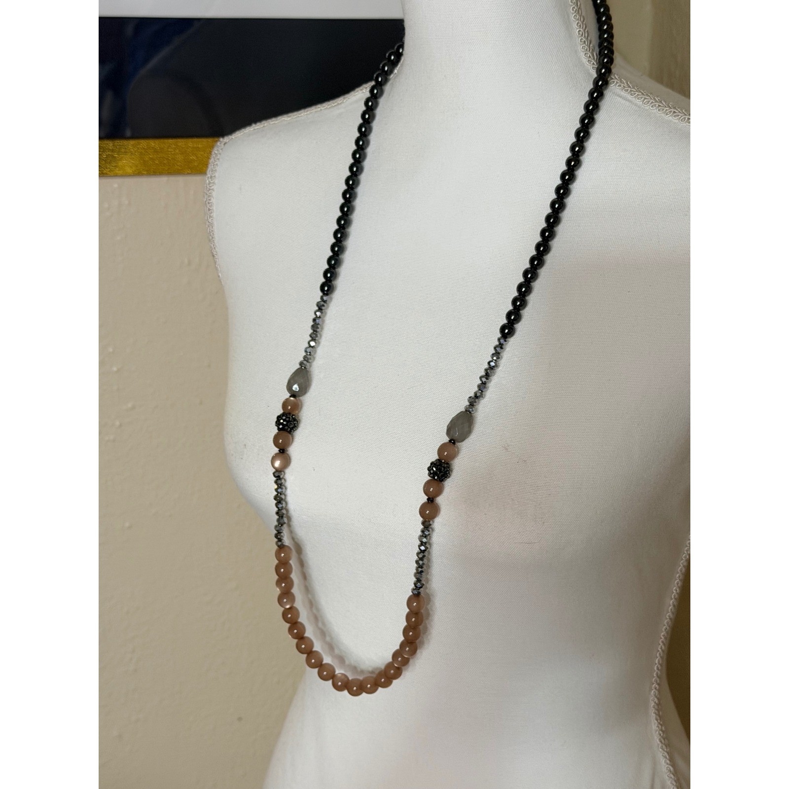 Long Beaded Strand Necklace Black Tan Grey Stone Crystal Boho Layering Jewelry