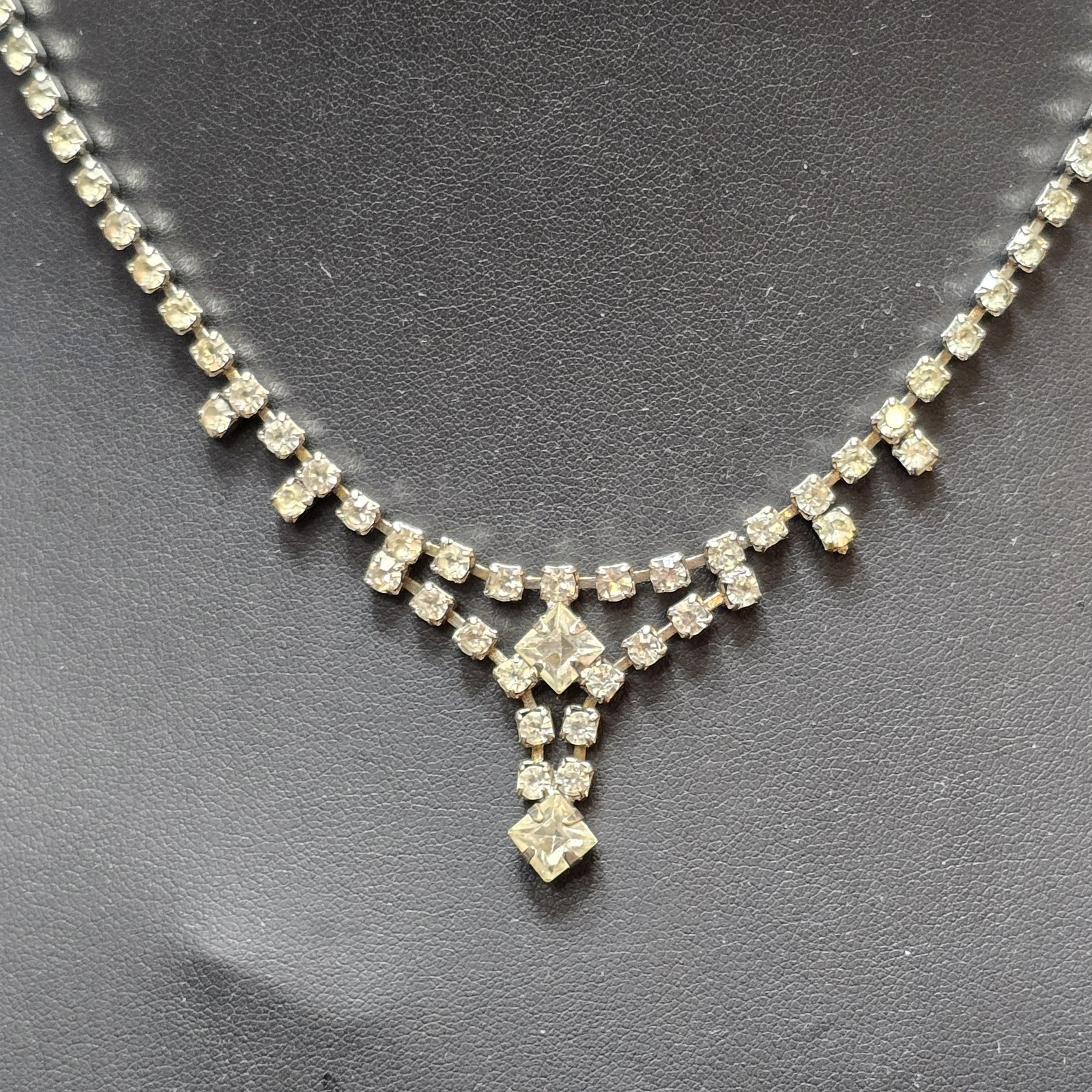 Clear Rhinestone Tennis Necklace Womens Y-Drop Square Pendant Crystal Elegant