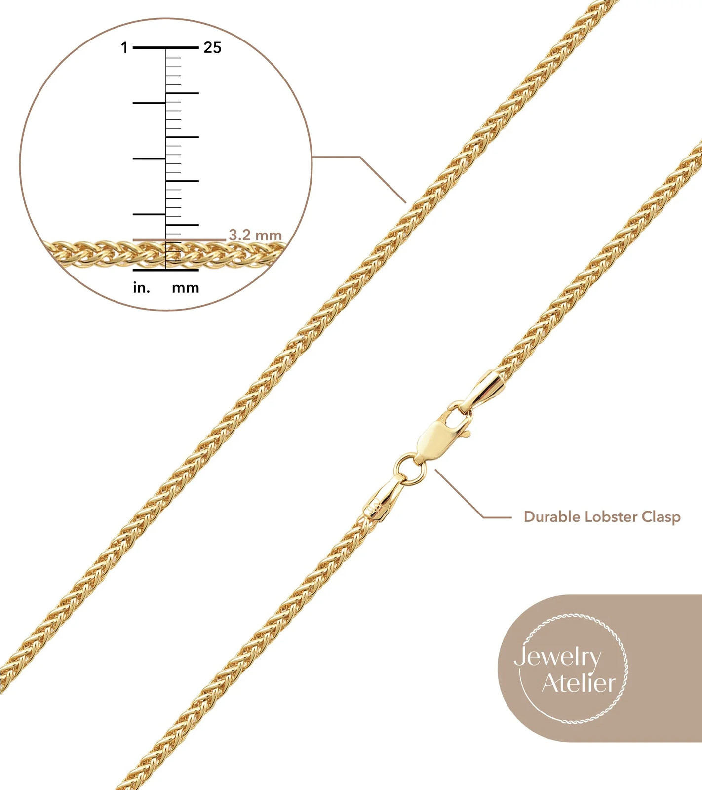 Gold Chain Necklace Collection – 14K Solid Yellow Gold Filled round Wheat/Palm C