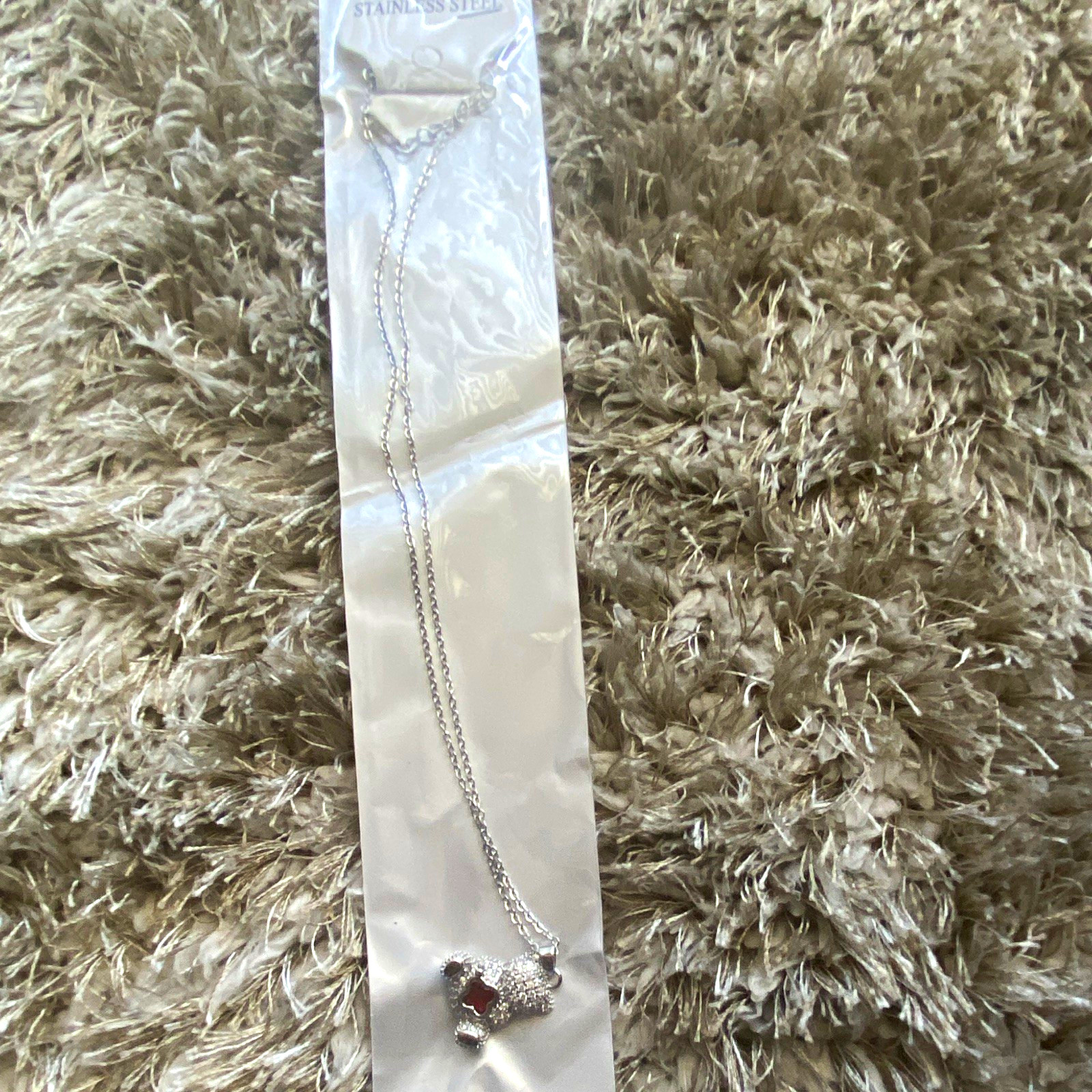 Stainless Steel Teddy Bear Charm Pendant Necklace White Crystal Cable Chain