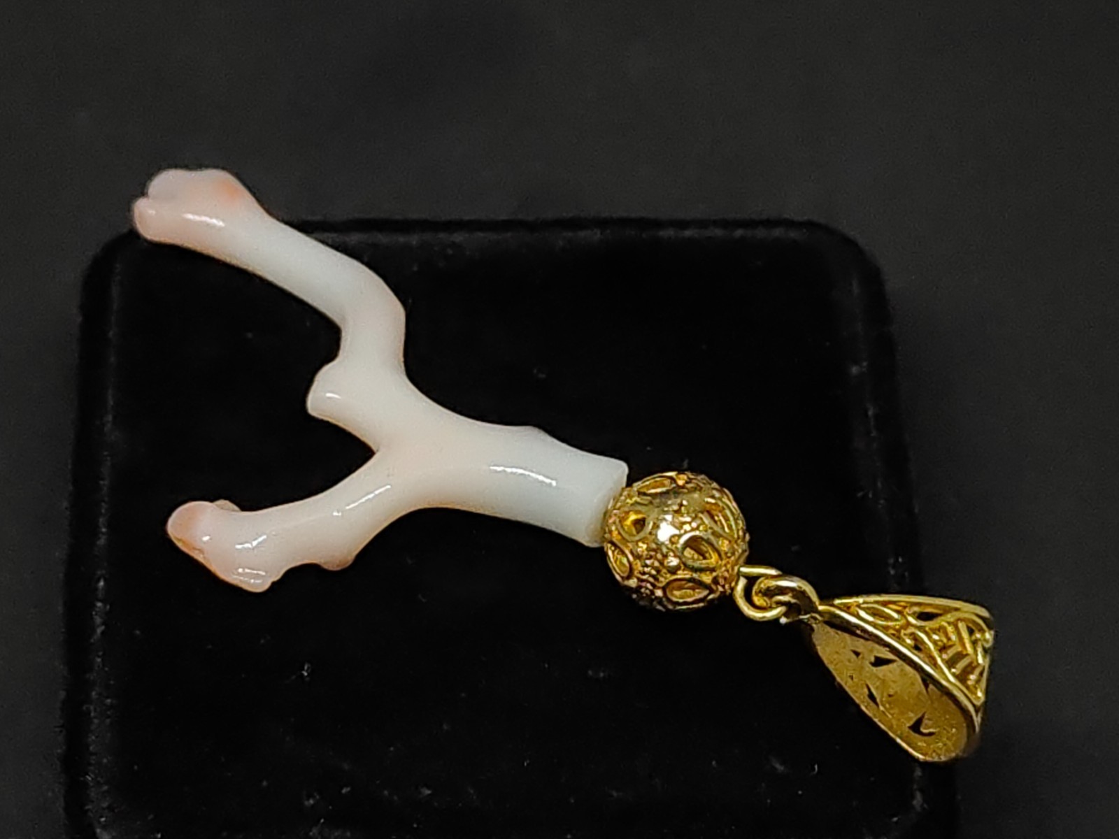 Pink White Japanese Coral Branch Pendant -Smooth Polished Gold Tone Brass