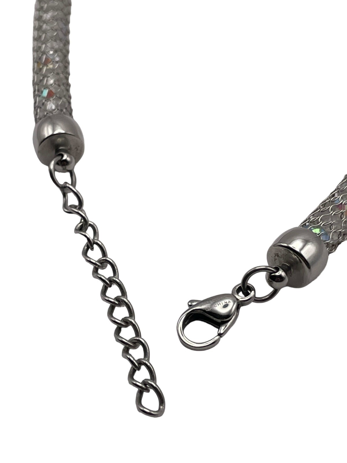 Stainless Steel China Mesh Net Aurora Borealis Bead Silver Tone Necklace Modern