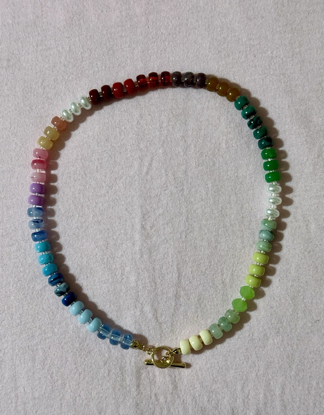 Multicolor Glass Beaded Necklace with Gold Tone Toggle Closure