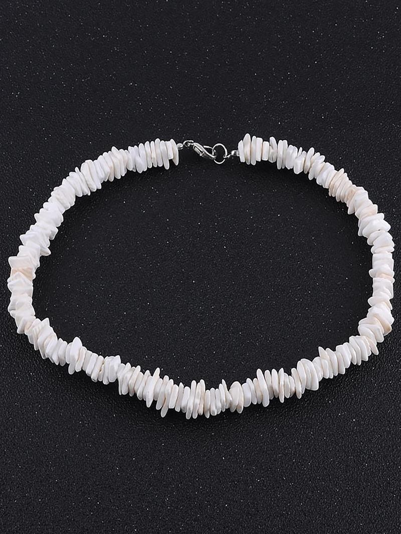 White Puka Shell Necklace – Hawaiian Style Clam Chip Surfer Necklace 16 in-19 In