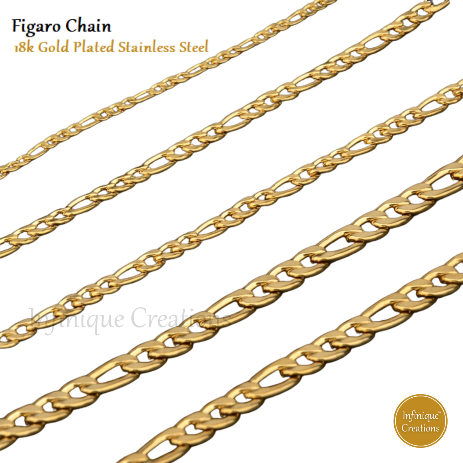 18K Gold Plated Stainless Steel Figaro Chain Bracelet Necklace 7-38″ 3-12mm