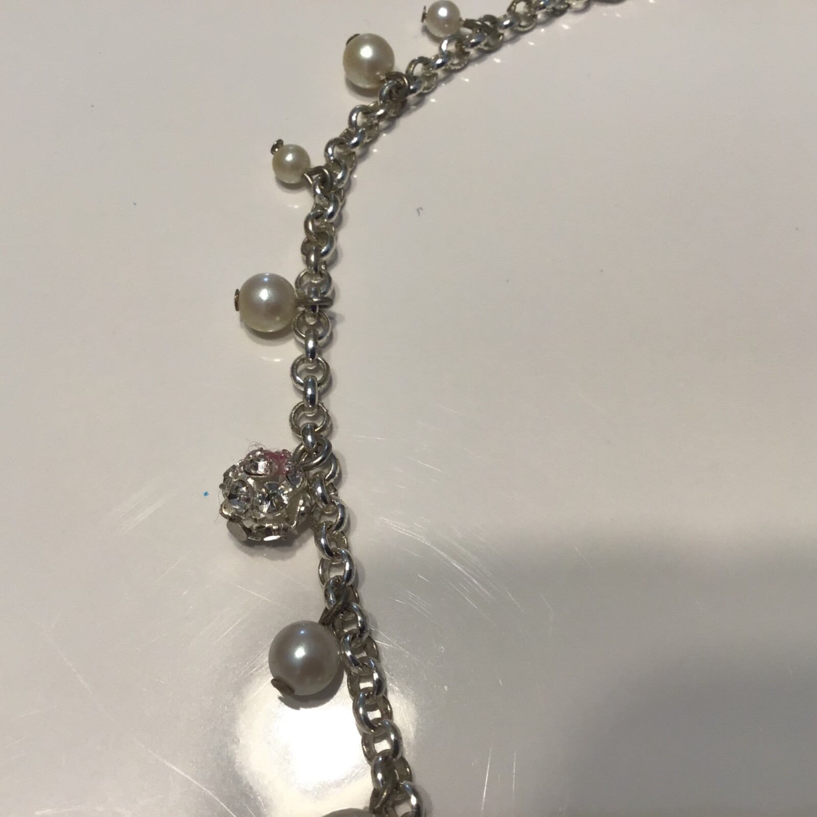 Faux Pearl Rhinestone Bead Dangle Necklace Choker 15” Silver Tone