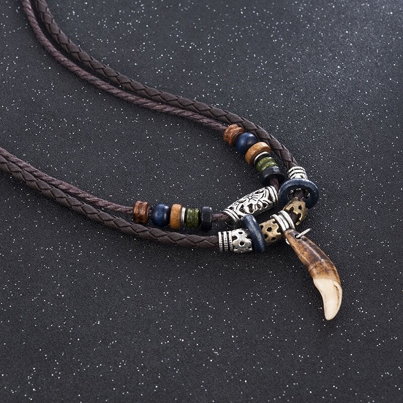 Men’s Fashion Jewelry Brown Leather Beaded Weave Rope Tooth Pendant Necklace 420
