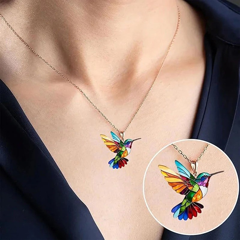 Colorful Hummingbird Pendant Necklace Rainbow Enamel Bird Charm Women Gift Chain