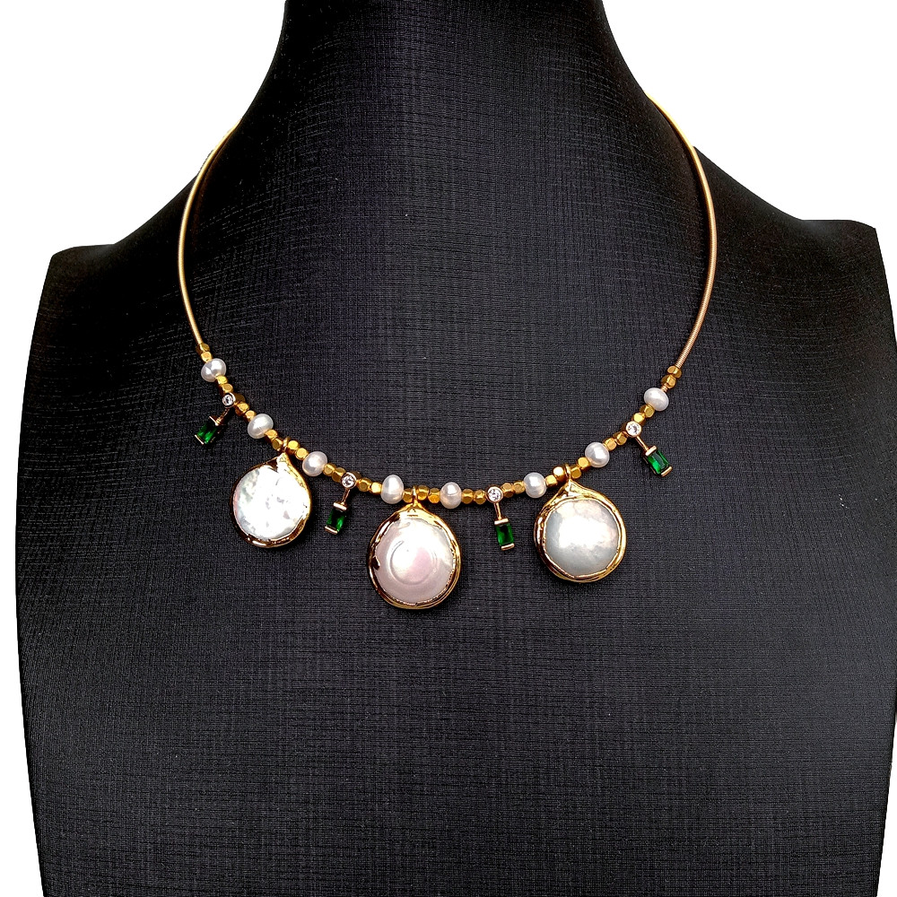 Cultured White Coin Pearl Potato Pearl Cz Pave Choker Charm Necklace 15″