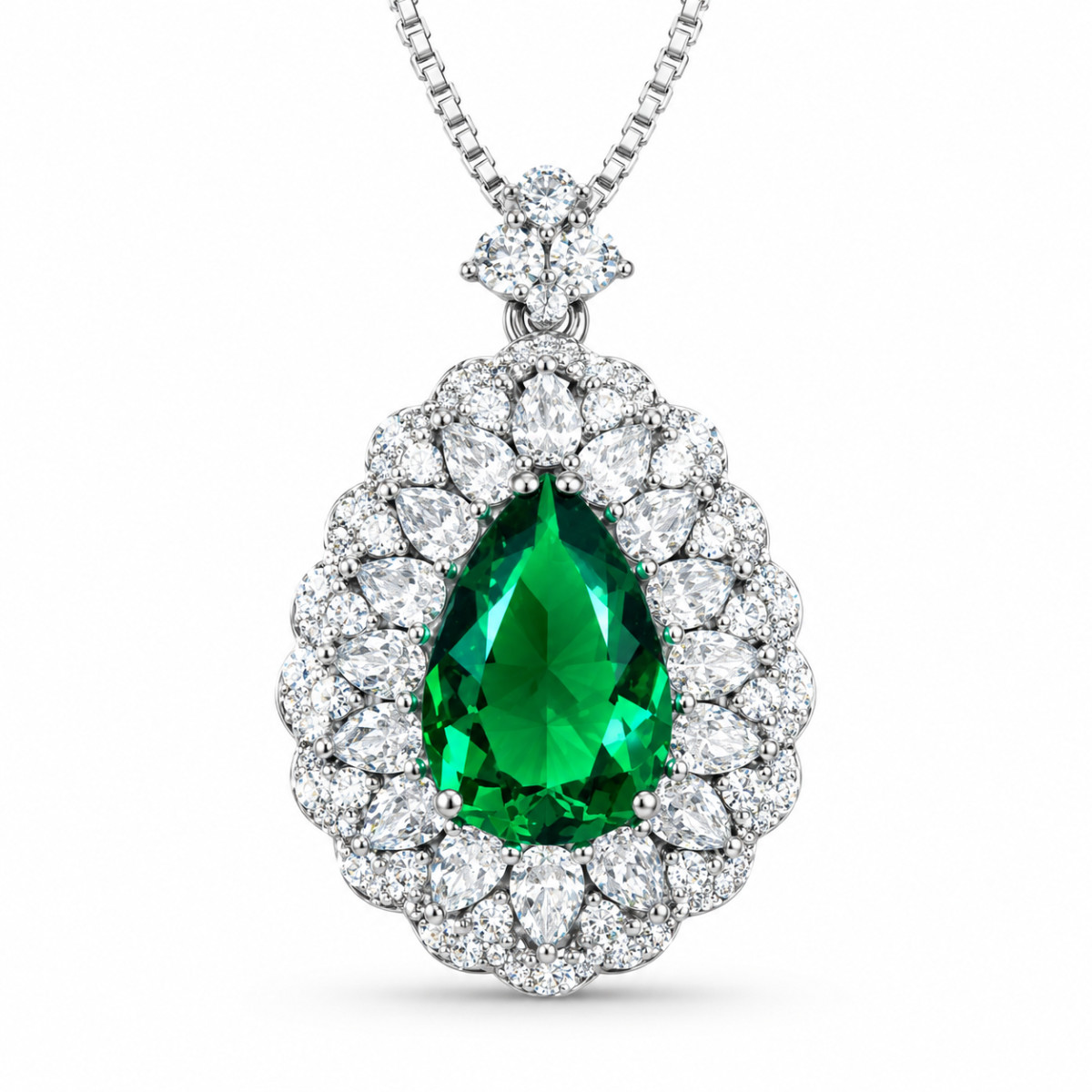 Pear Cut Simulated Emerald Double Halo Pendant Necklace For Women, Copper Plated