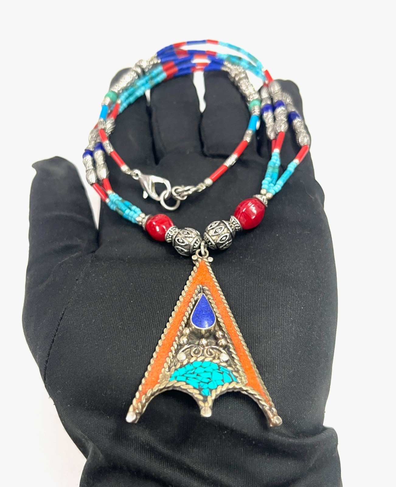 Antique Coral Turquoise Gemstone Tibetan Style Necklace Jewelry, 17 Inch Adjs