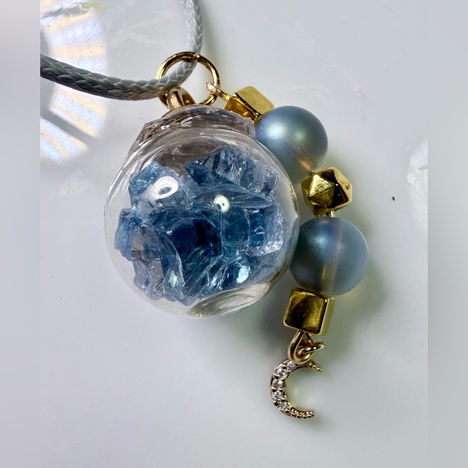 Crystal Filled Glass Globe Necklace • Moon Charm • Handmade • 18” Cord