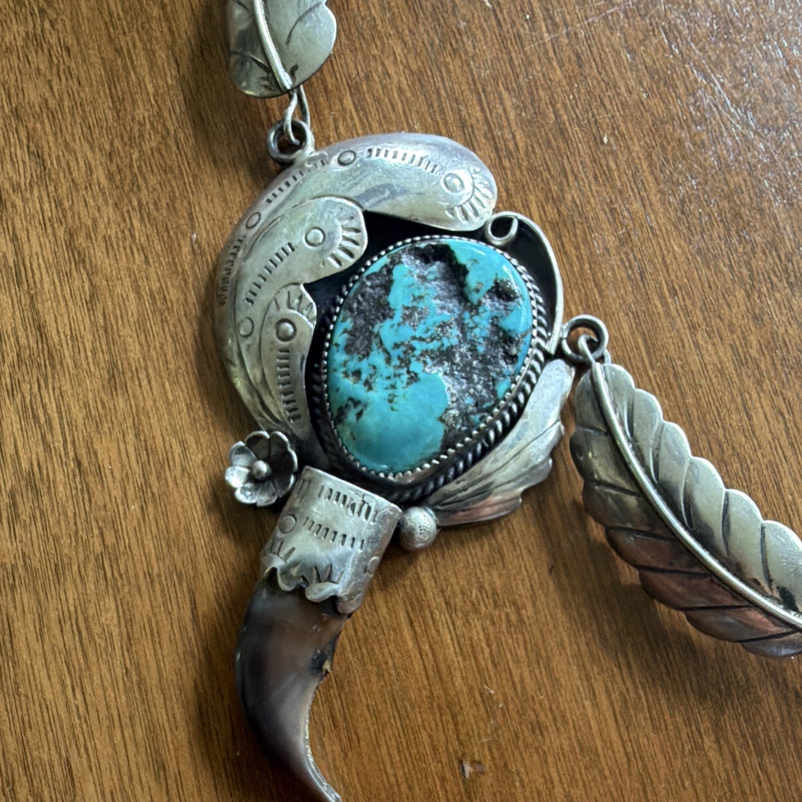 Turquoise & Coral Claw Charm Pendant Necklace, Silver Statement, Signed