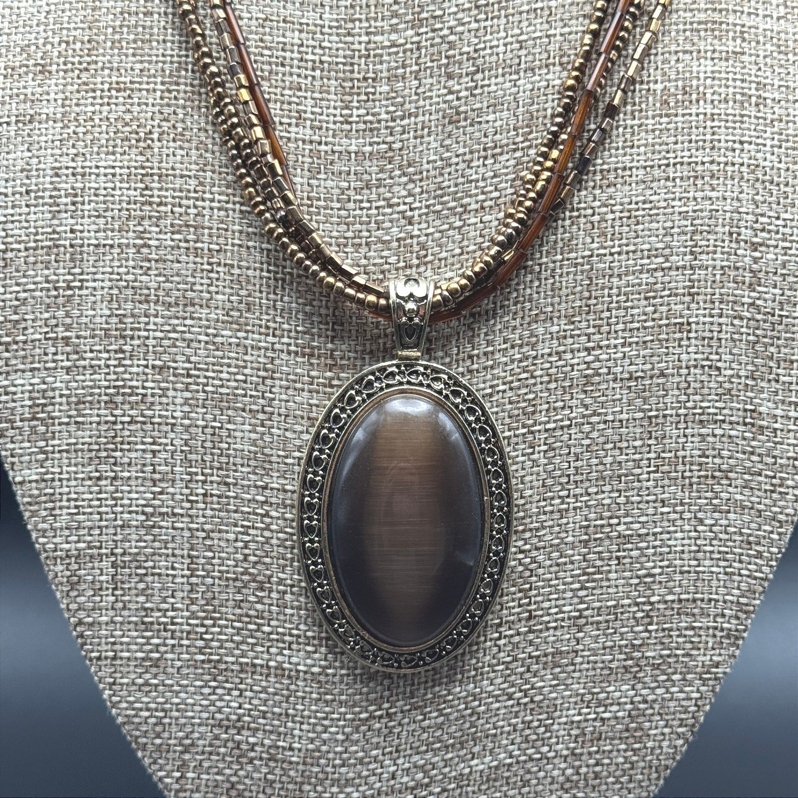 Brown Cats Eye Pendant Multi Strand Seed Bead Necklace Bronze Gold Boho Bohemian