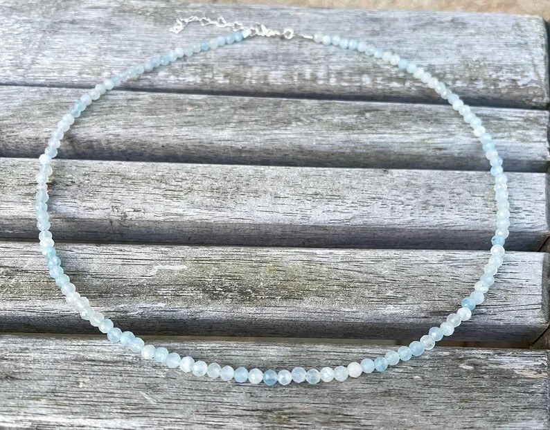 2mm Aquamarine Crystal Gemstone Faceted Beads Dainty Choker Necklace Minimalist