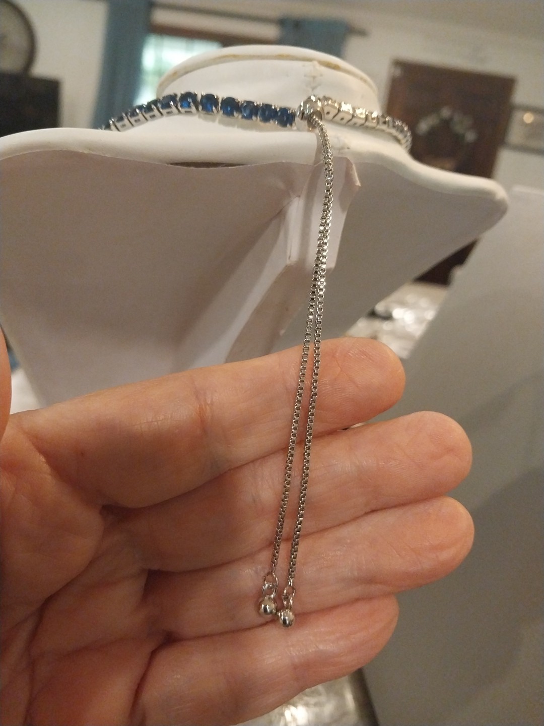 Simulated Sapphire Tennis Necklace (18-26 Inches) with Bolo Slider in Silvertone