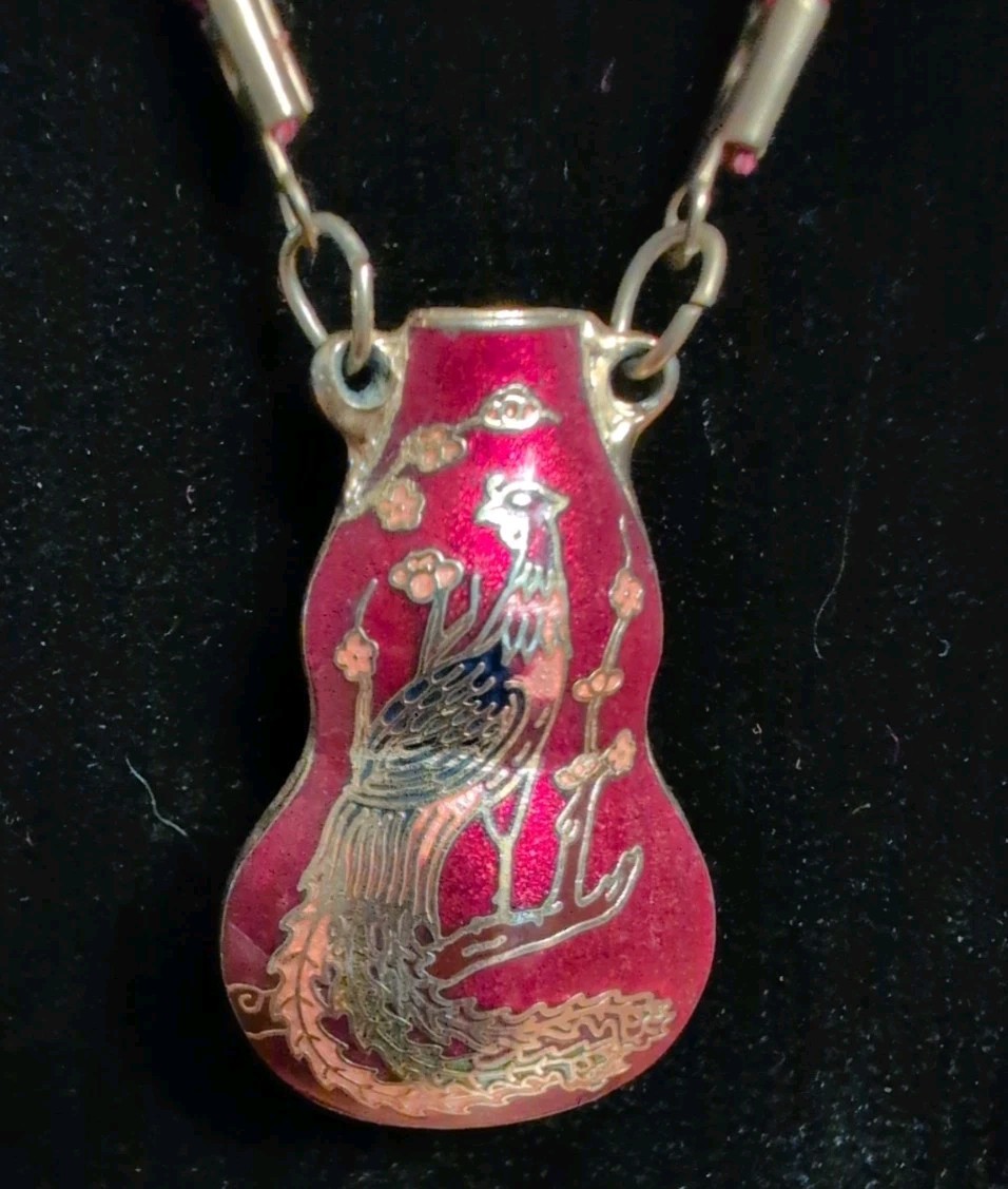 Vintage Chinese Cloisonné Vase Pendant Floral & Bird Enamel Brass SSE