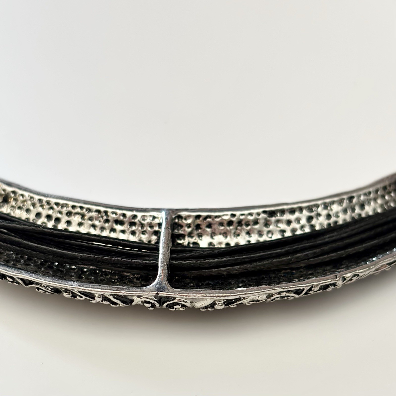 Choker Necklace Adjustable Multi Strand Black Cord Engraved Silver Toned Accent
