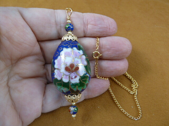 J520-27) Blue green pink cherry blossom flower 40x32mm round CLOISONNE pendant