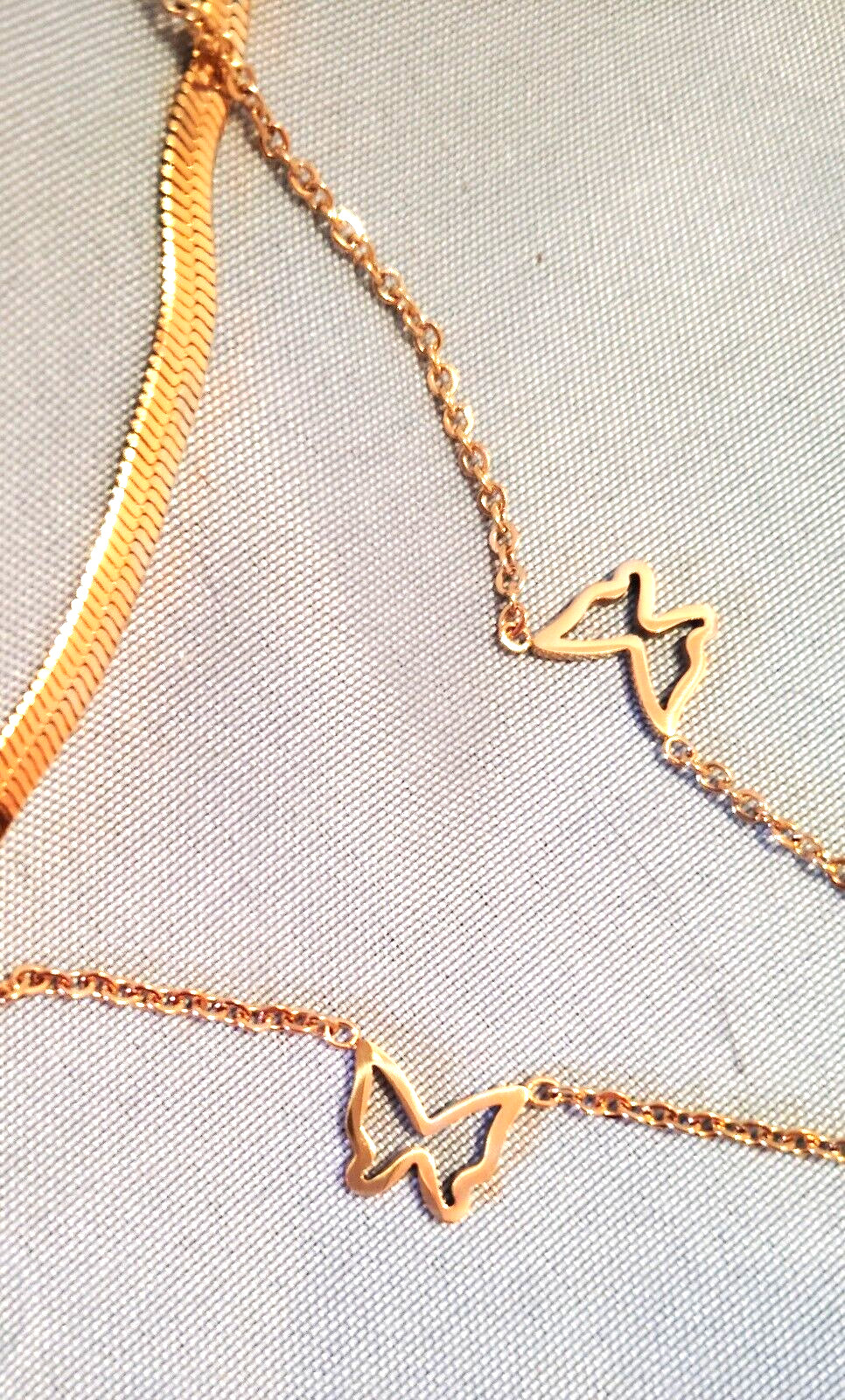 Butterfly Pendant Necklace 16in Herringbone Choker 12in Set Gold Tone New Box