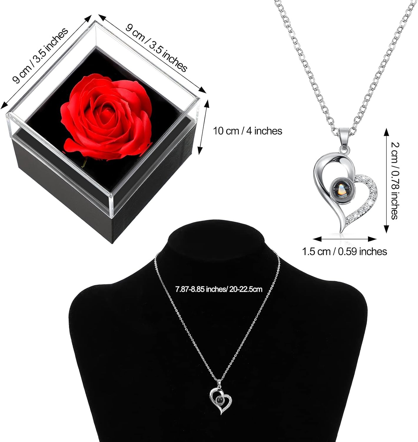 Valentine’s Day Necklace Gift, Heart Pendant with Preserved Red Rose Gift Box