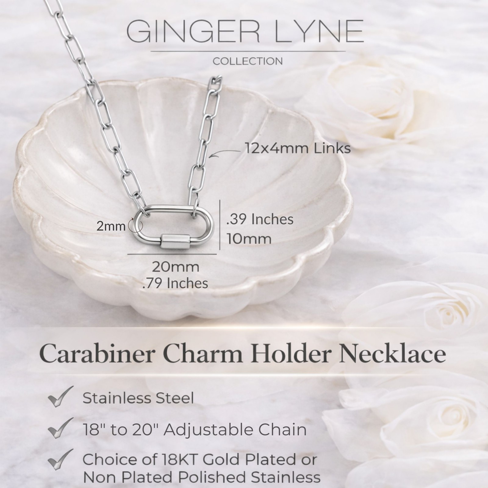 Carabiner Charm Holder Necklace for Women by Ginger Lyne 18KT Gold Plated Sta…