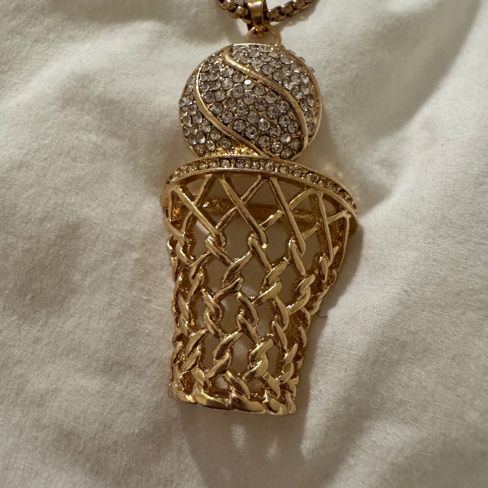 Gold Tone Basketball Hoop Rhinestone Pendant Necklace Box Chain Hip Hop Style
