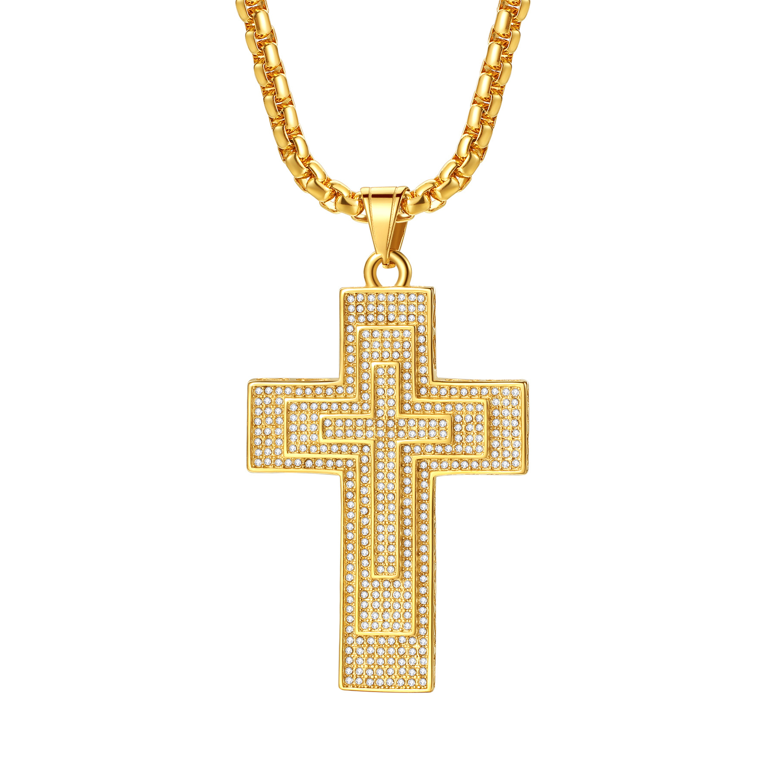 Mens Boys Hip Hop Large CZ Cross Stainless Steel Crucifix Pendant Necklace 22in