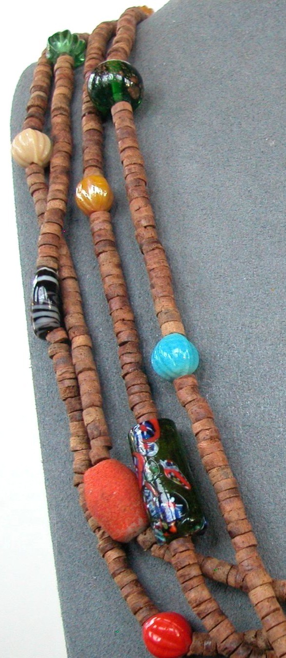 30 Inch Multi-Strand Wood Beaded Necklace With Colorful Glass Accents