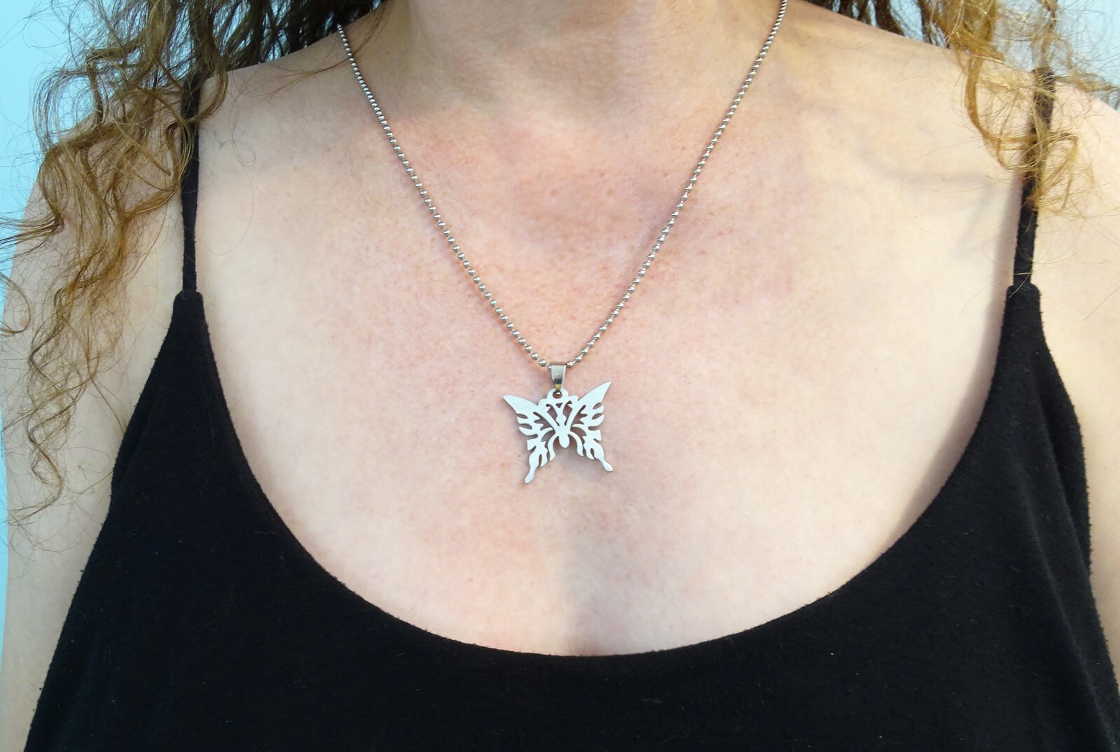 New Large Stainless Steel Butterfly 25” Steel Ball Chain Unisex Retro Necklace