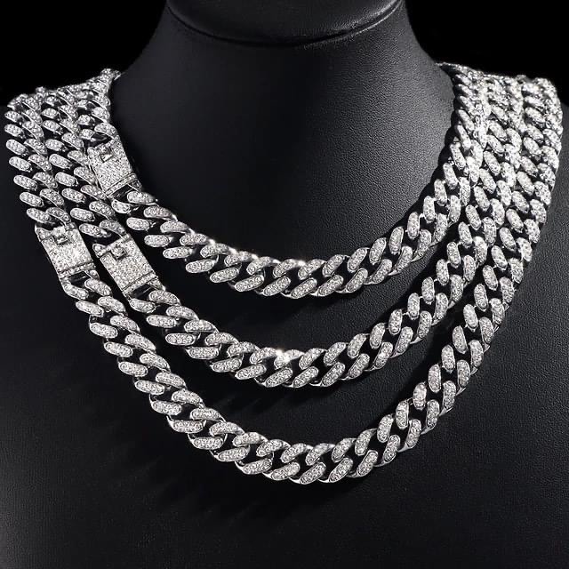 14K White Gold Plated 12MM 16″ to 28″ CZ’s Iced Out Cuban Link Chain