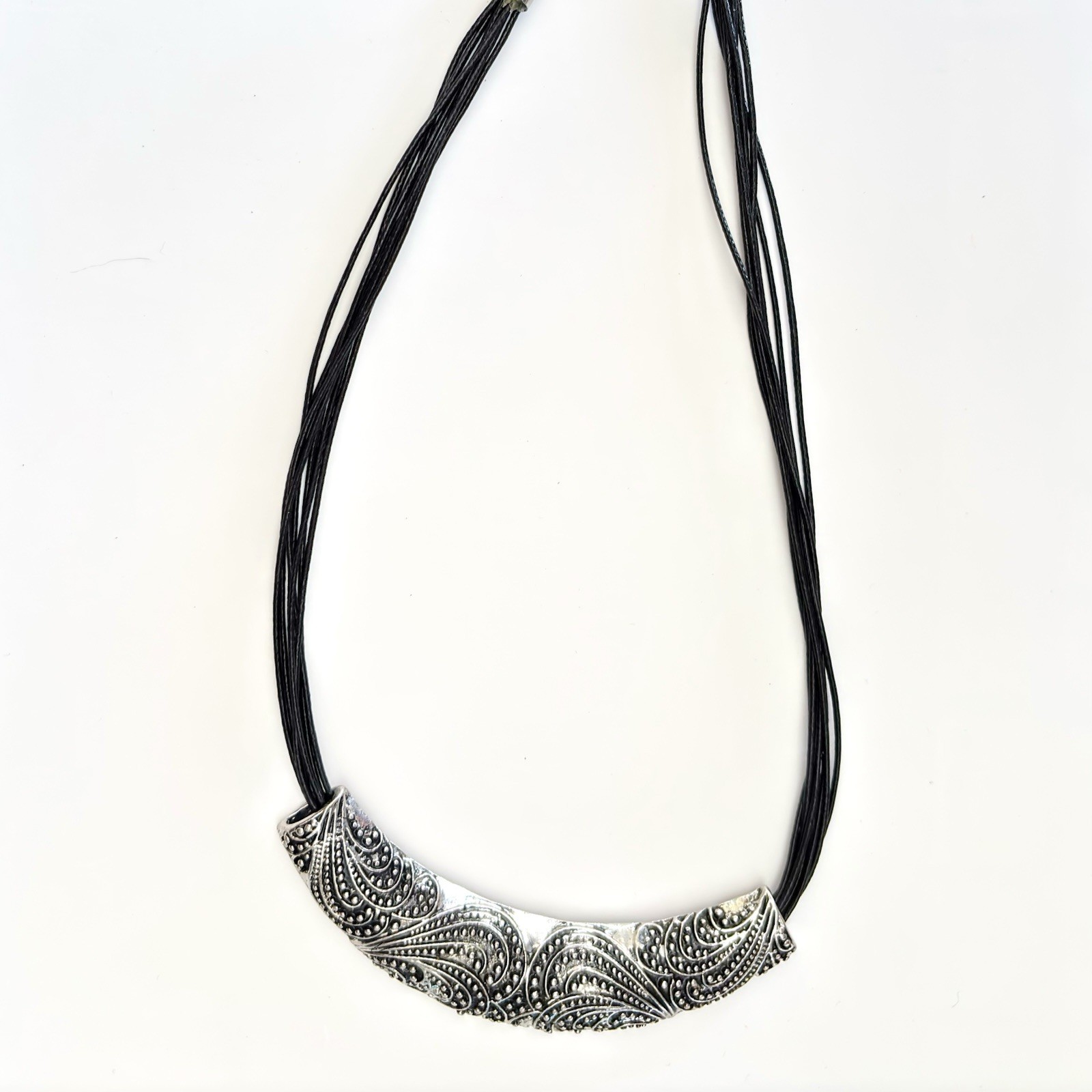Choker Necklace Adjustable Multi Strand Black Cord Engraved Silver Toned Accent