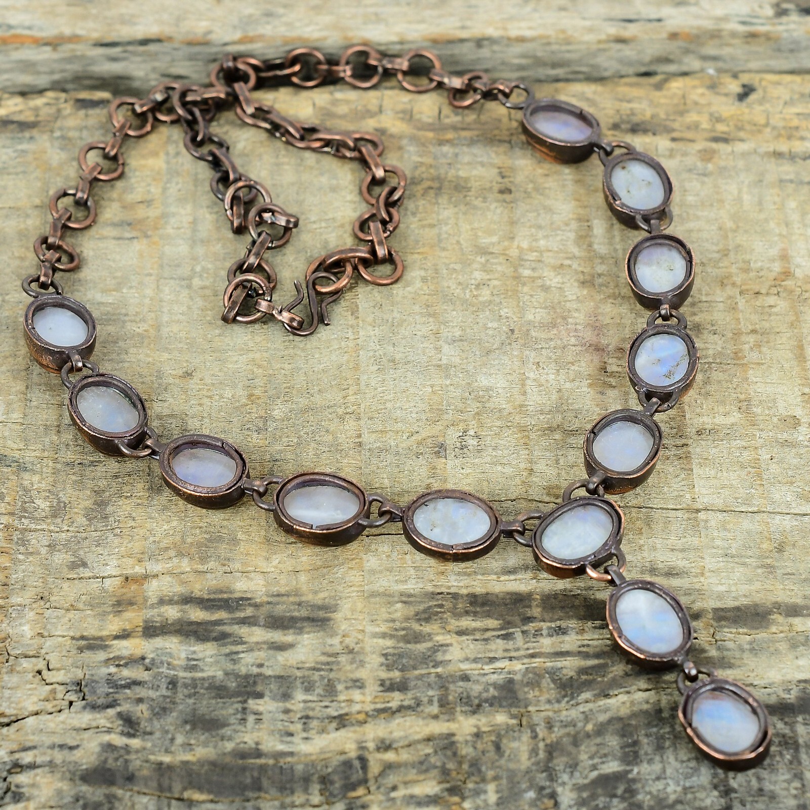 Valentines Sale Natural Rainbow Moonstone Copper Chain Electroformed Necklace